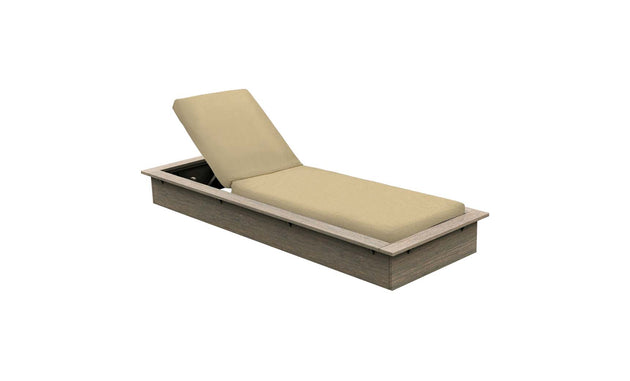 The Echo Chaise by Ledge Lounger is a modern lounger with a rectangular wooden frame and beige cushioned seat. Its adjustable backrest allows various reclining positions, making it perfect for any outdoor space with its simple, minimalist design.