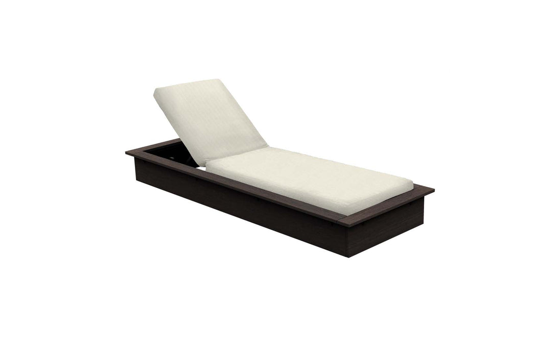 The Echo Chaise by Ledge Lounger is a wooden platform bed with a dark wood base and a white, cushioned adjustable backrest and seat, resembling an indoor chaise lounger. Its minimalist design fits perfectly in any modern outdoor space against a pristine white background.