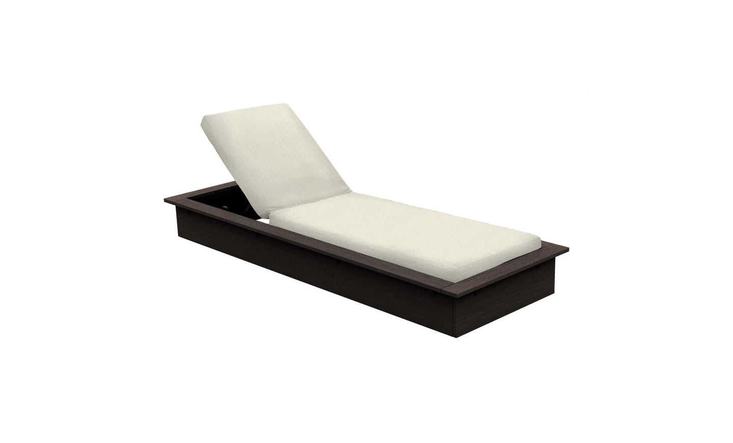 The Echo Chaise by Ledge Lounger is a wooden platform bed with a dark wood base and a white, cushioned adjustable backrest and seat, resembling an indoor chaise lounger. Its minimalist design fits perfectly in any modern outdoor space against a pristine white background.