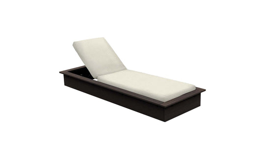 The Echo Chaise by Ledge Lounger is a wooden platform bed with a dark wood base and a white, cushioned adjustable backrest and seat, resembling an indoor chaise lounger. Its minimalist design fits perfectly in any modern outdoor space against a pristine white background.