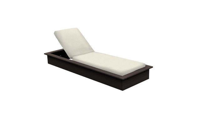 The Echo Chaise by Ledge Lounger is a wooden platform bed with a dark wood base and a white, cushioned adjustable backrest and seat, resembling an indoor chaise lounger. Its minimalist design fits perfectly in any modern outdoor space against a pristine white background.
