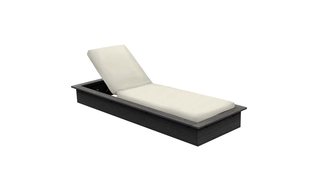 The Echo Chaise by Ledge Lounger is a modern outdoor lounger featuring a white cushioned seat and backrest on a dark rectangular base. The slightly elevated backrest suggests adjustability, ideal for various lounging positions in any outdoor setting.