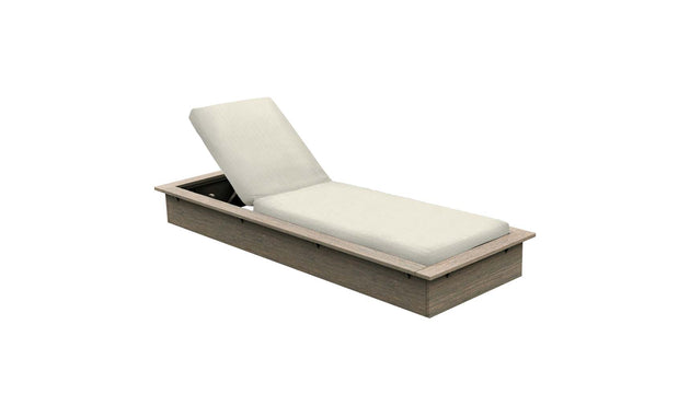 The Echo Chaise by Ledge Lounger is displayed with a light beige cushion, featuring an adjustable backrest at a slight incline for comfortable outdoor seating.