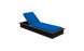 The Echo Chaise by Ledge Lounger has a dark wooden frame and blue cushion, displayed on a white background. It boasts an adjustable backrest angled ideally for outdoor relaxation or sunbathing.