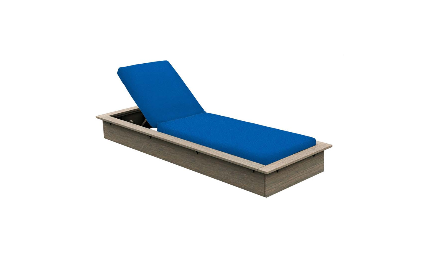 The Echo Chaise by Ledge Lounger is a wooden lounger with a bright blue cushion, ideal for outdoor spaces. Featuring an adjustable backrest and a natural wood finish on its rectangular base, its perfect for relaxation. The lounger is shown on a plain white background.