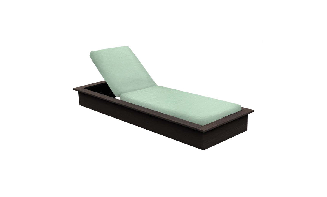 The Echo Chaise by Ledge Lounger is a modern outdoor piece with a dark wooden frame and light green cushion. It features an adjustable backrest, and its minimalist design enhances any space beautifully against a plain white background.