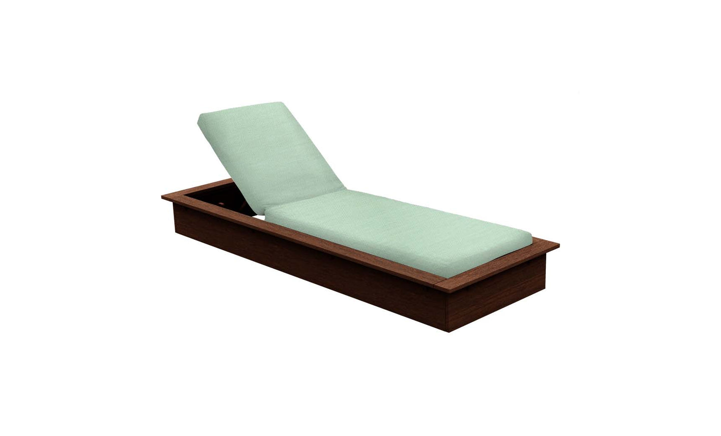 The Echo Chaise by Ledge Lounger features a wooden frame with a light green cushioned seat and adjustable backrest, ideal for any outdoor space. Its simple, modern design with clean lines is showcased against a plain white background.