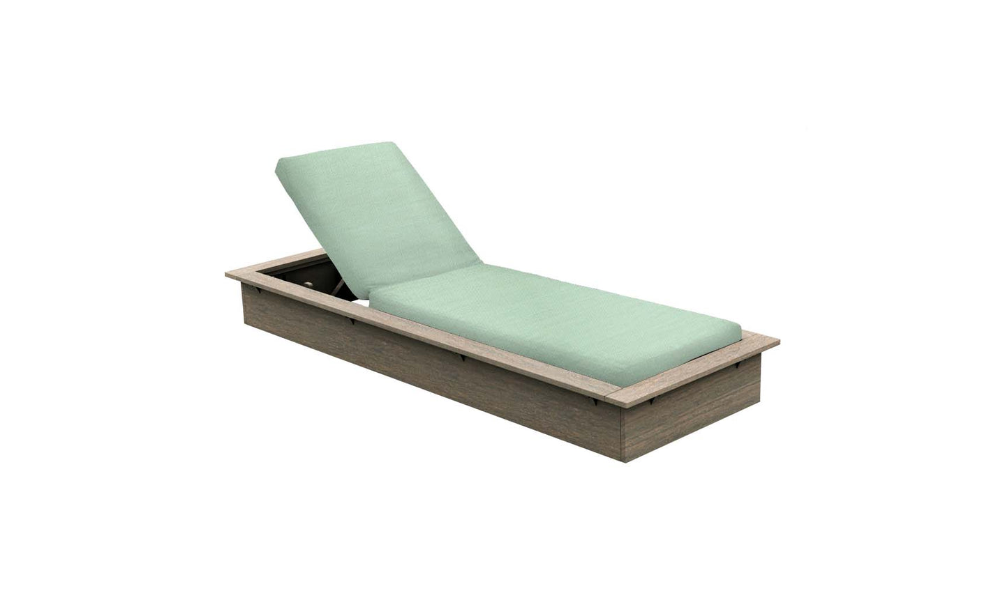 The Echo Chaise by Ledge Lounger is an outdoor lounger featuring a wooden frame and light green padded cushion, designed with a slightly tilted backrest for support. Ideal for creating an inviting outdoor space.