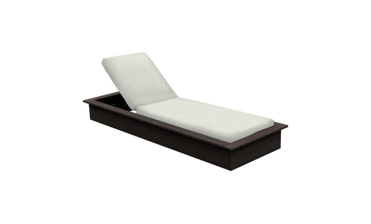 The Echo Chaise from Ledge Lounger is an adjustable chaise lounger crafted from brown wood with white cushions, featuring a rectangular base and a slightly elevated backrest. Ideal for enhancing outdoor spaces, its beautifully set against a plain white background.