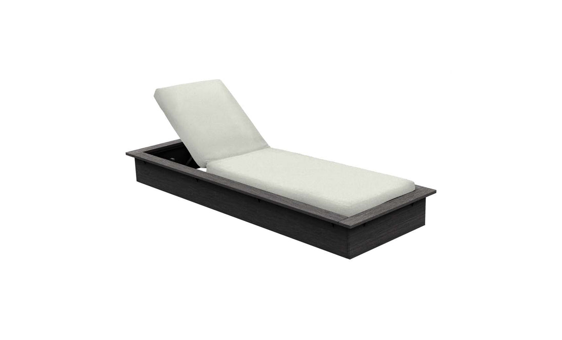 The Echo Chaise by Ledge Lounger boasts a modern design with a dark rectangular wooden frame and light-colored cushioned seat and backrest. Ideal for outdoor spaces, its minimalist style and slightly reclined back offer relaxation. Set against a white backdrop.