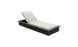 The Echo Chaise by Ledge Lounger boasts a modern design with a dark rectangular wooden frame and light-colored cushioned seat and backrest. Ideal for outdoor spaces, its minimalist style and slightly reclined back offer relaxation. Set against a white backdrop.