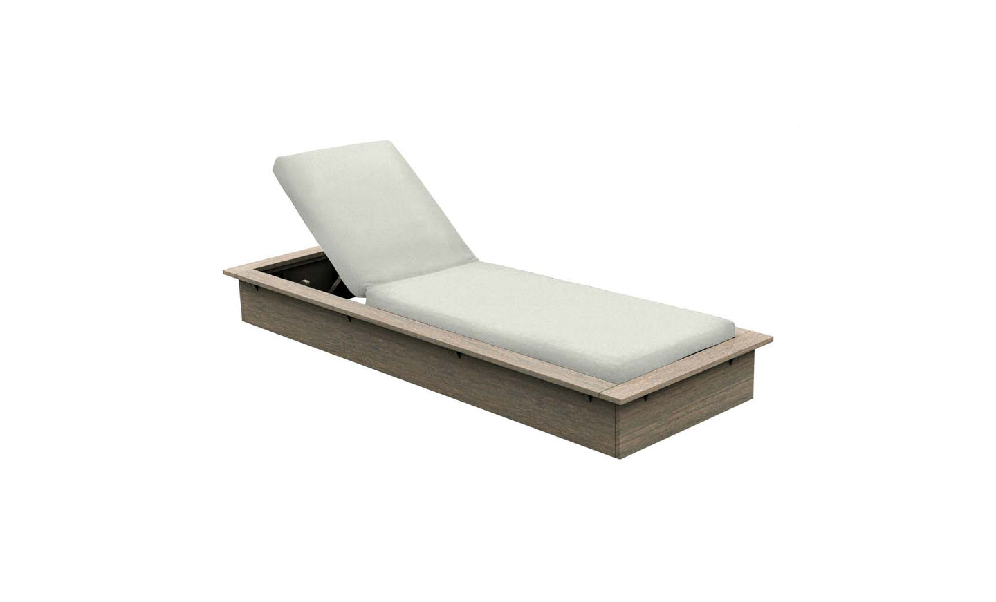 Experience the elegance of the Echo Chaise by Ledge Lounger, a minimalist wooden-framed lounger with a light-colored cushioned seat and adjustable backrest. Its perfect for enhancing any outdoor space, offering both comfort and style against a plain white background.