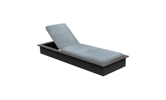 The Echo Chaise by Ledge Lounger is a modern addition to your outdoor space with its light blue cushioned seat, adjustable backrest, and dark wooden base, all set against a clean white background.