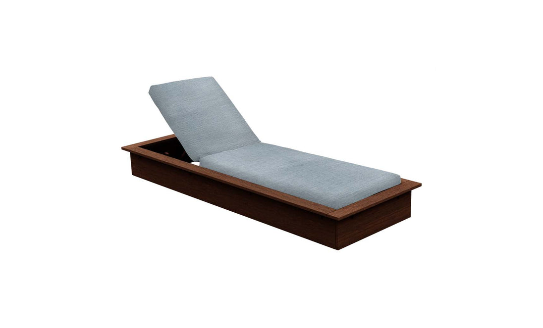 The Echo Chaise by Ledge Lounger features a light blue cushioned seat and backrest within a rectangular dark wood frame, making it ideal for any outdoor area.