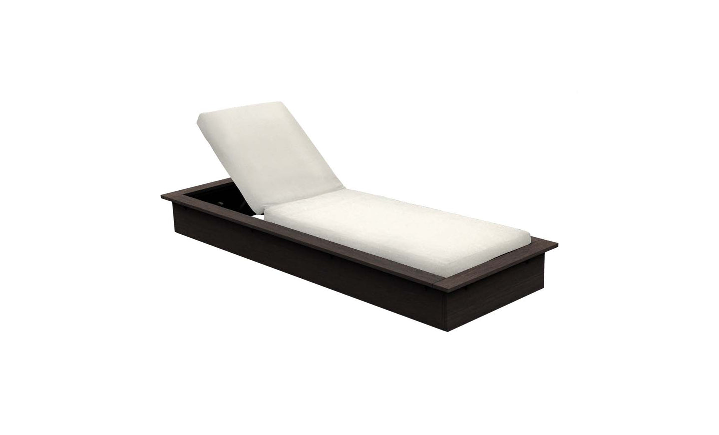The Echo Chaise by Ledge Lounger features a modern design with a dark wood frame and white cushioned seat and backrest. Its slightly reclined backrest makes it ideal for outdoor spaces, embodying minimalist elegance against a plain white background.