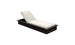 The Echo Chaise by Ledge Lounger features a modern design with a dark wood frame and white cushioned seat and backrest. Its slightly reclined backrest makes it ideal for outdoor spaces, embodying minimalist elegance against a plain white background.