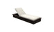 The Echo Chaise by Ledge Lounger features a modern design with a dark wood frame and white cushioned seat and backrest. Its slightly reclined backrest makes it ideal for outdoor spaces, embodying minimalist elegance against a plain white background.