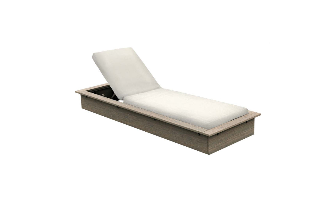 The Echo Chaise by Ledge Lounger is a comfortable outdoor lounger with a cushioned seat, adjustable backrest, and wooden frame set against a white background, perfect for any outdoor space.