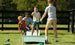 A man and three kids play a lively game with the portable Ledge Lounger Cornhole set on the grass. Two children toss bean bags as another cheers. Trees and a wooden fence frame the scene beneath a clear sky.