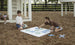 Two children play with Ledge Loungers Checkers & Tic Tac Toe set on the playground amid wood chips. A boy arranges pieces while a girl kneels to place an X. In the background, a child inspects the ground, and swings gently sway nearby.