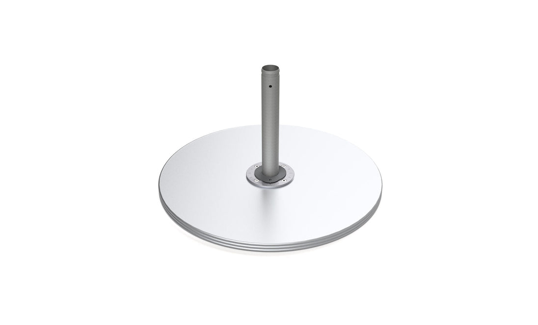 A round, flat, white Galvanized Steel Plate Stack Cantilever Base from Ledge Lounger sits on a metallic cylindrical stand resembling a modern satellite dish against a plain white background.
