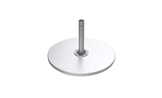 A round, flat, white Galvanized Steel Plate Stack Cantilever Base from Ledge Lounger sits on a metallic cylindrical stand resembling a modern satellite dish against a plain white background.