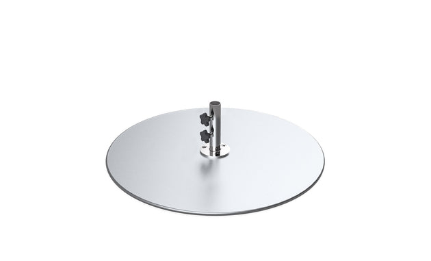 The Galvanized Steel Stack Umbrella Base by Ledge Lounger features a minimalist design with a cylindrical pole and adjustable knobs, expertly crafted from high-quality galvanized steel. It seamlessly complements center pole umbrellas, providing both functionality and style.