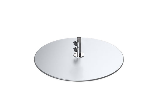 A metallic disc, the Galvanized Steel Stack Umbrella Base by Ledge Lounger, boasts a central pole with two black adjustment knobs, ensuring snug fitting for your umbrella. The reflective base is beautifully set against a plain white background.