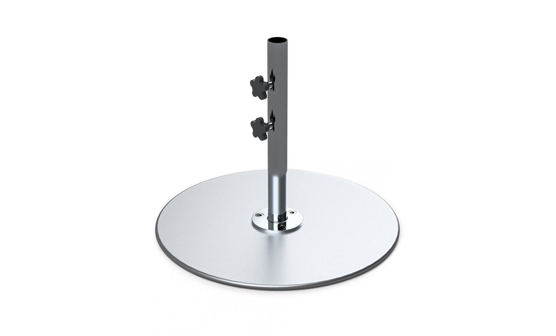 The Ledge Lounger Galvanized Steel Stack Umbrella Base has a central pole with two adjustable knobs, crafted from durable galvanized steel. Its wide, flat base ensures stability while the hollow pole fits center pole umbrellas. The smooth, reflective finish adds sleekness to any space.