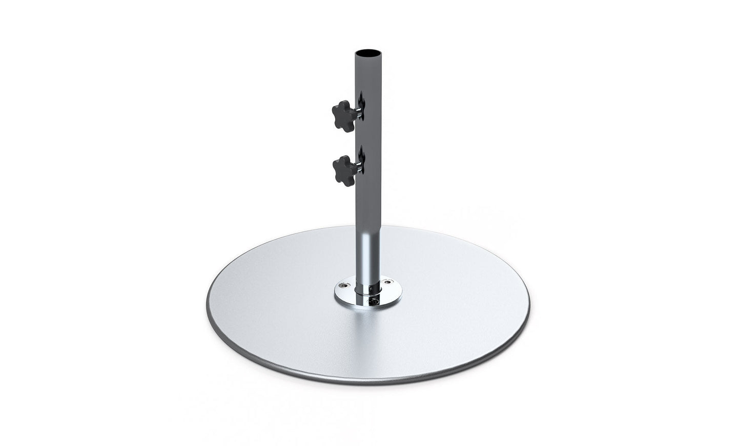 The Ledge Lounger Galvanized Steel Stack Umbrella Base has a central pole with two adjustable knobs, crafted from durable galvanized steel. Its wide, flat base ensures stability while the hollow pole fits center pole umbrellas. The smooth, reflective finish adds sleekness to any space.