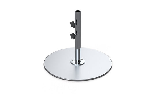 The Ledge Lounger Galvanized Steel Stack Umbrella Base has a central pole with two adjustable knobs, crafted from durable galvanized steel. Its wide, flat base ensures stability while the hollow pole fits center pole umbrellas. The smooth, reflective finish adds sleekness to any space.
