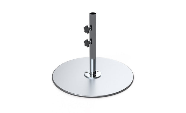 The Ledge Lounger Galvanized Steel Stack Umbrella Base has a central pole with two adjustable knobs, crafted from durable galvanized steel. Its wide, flat base ensures stability while the hollow pole fits center pole umbrellas. The smooth, reflective finish adds sleekness to any space.