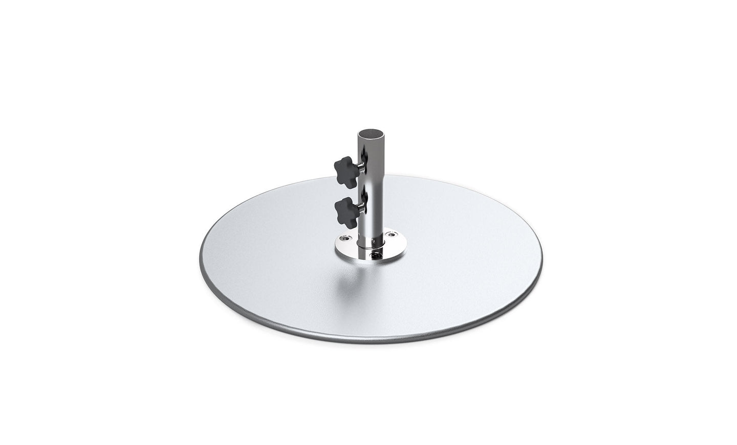 The Ledge Lounger Galvanized Steel Stack Umbrella Base features a central vertical cylindrical rod with two star-shaped knobs for easy adjustment. Crafted from galvanized steel, its compatible with center pole umbrellas and boasts a smooth, reflective surface for added elegance.