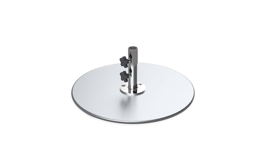 The Ledge Lounger Galvanized Steel Stack Umbrella Base features a central vertical cylindrical rod with two star-shaped knobs for easy adjustment. Crafted from galvanized steel, its compatible with center pole umbrellas and boasts a smooth, reflective surface for added elegance.