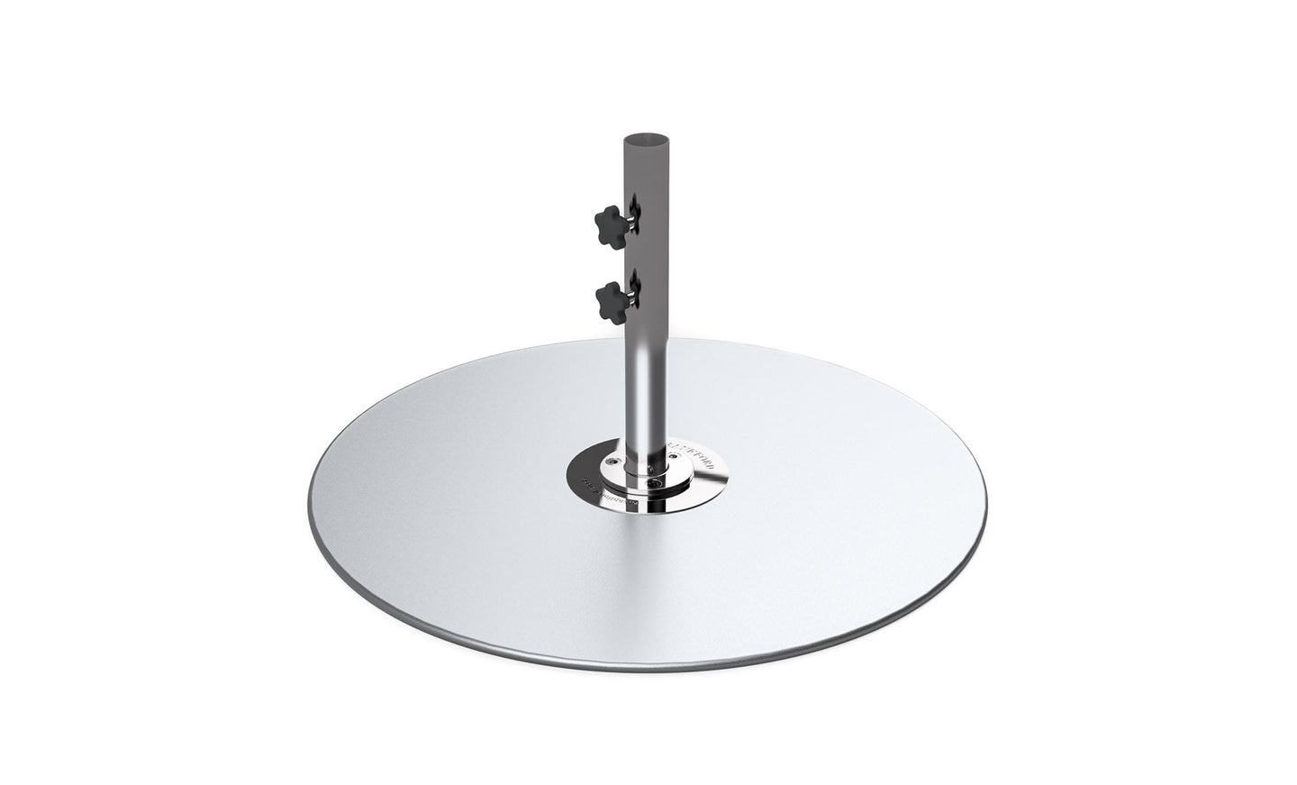 The Ledge Lounger Galvanized Steel Stack Umbrella Base is a sleek, silver stand with a round pedestal and central cylindrical rod. Designed for center pole umbrellas, it has two adjustable knobs for height or attachment and a reflective metallic finish.
