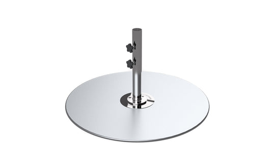 The Ledge Lounger Galvanized Steel Stack Umbrella Base is a sleek, silver stand with a round pedestal and central cylindrical rod. Designed for center pole umbrellas, it has two adjustable knobs for height or attachment and a reflective metallic finish.