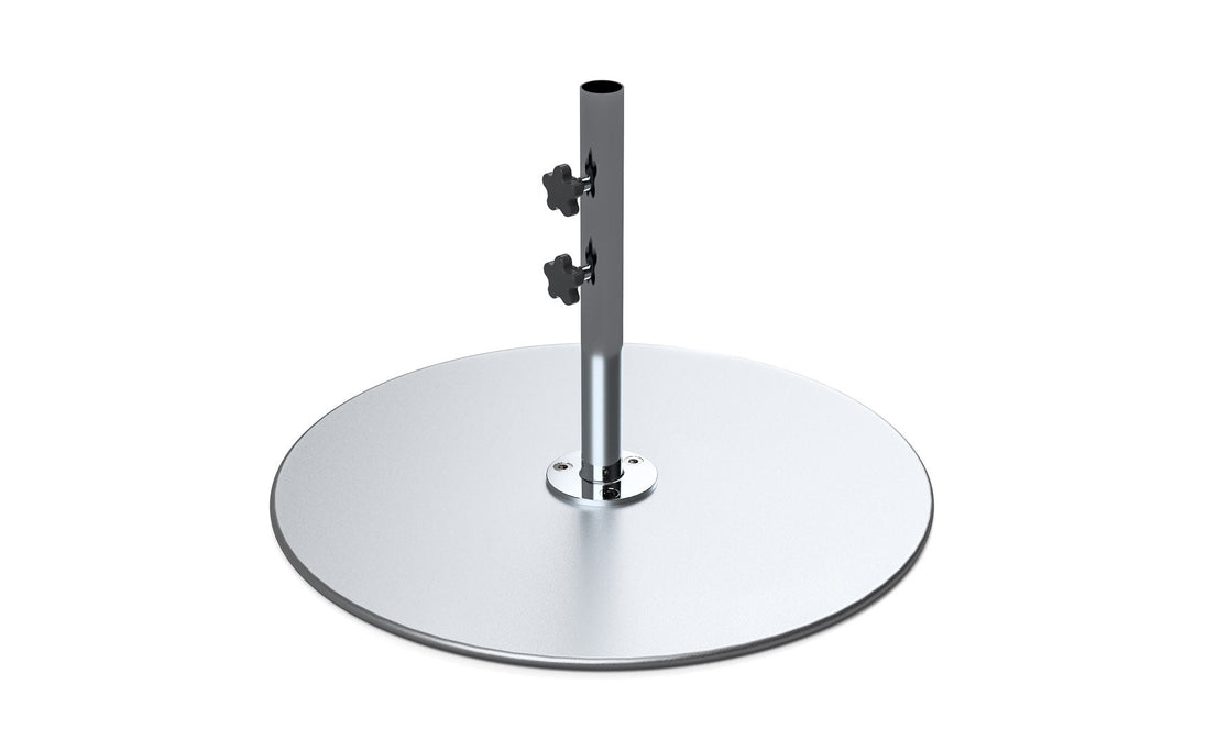 The Ledge Lounger Galvanized Steel Stack Umbrella Base features a sleek circular platform and vertical pole with adjustable knobs, designed for minimalist, industrial support of freestanding structures or center pole umbrellas.