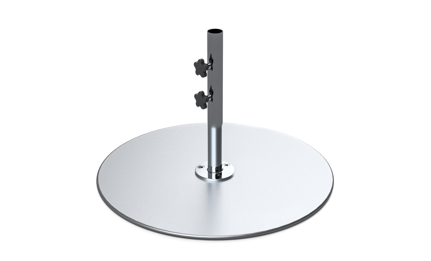 The Ledge Lounger Galvanized Steel Stack Umbrella Base features a sleek circular platform and vertical pole with adjustable knobs, designed for minimalist, industrial support of freestanding structures or center pole umbrellas.