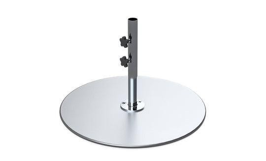 The Ledge Lounger Galvanized Steel Stack Umbrella Base features a sleek circular platform and vertical pole with adjustable knobs, designed for minimalist, industrial support of freestanding structures or center pole umbrellas.