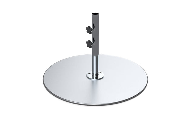 The Ledge Lounger Galvanized Steel Stack Umbrella Base features a sleek circular platform and vertical pole with adjustable knobs, designed for minimalist, industrial support of freestanding structures or center pole umbrellas.