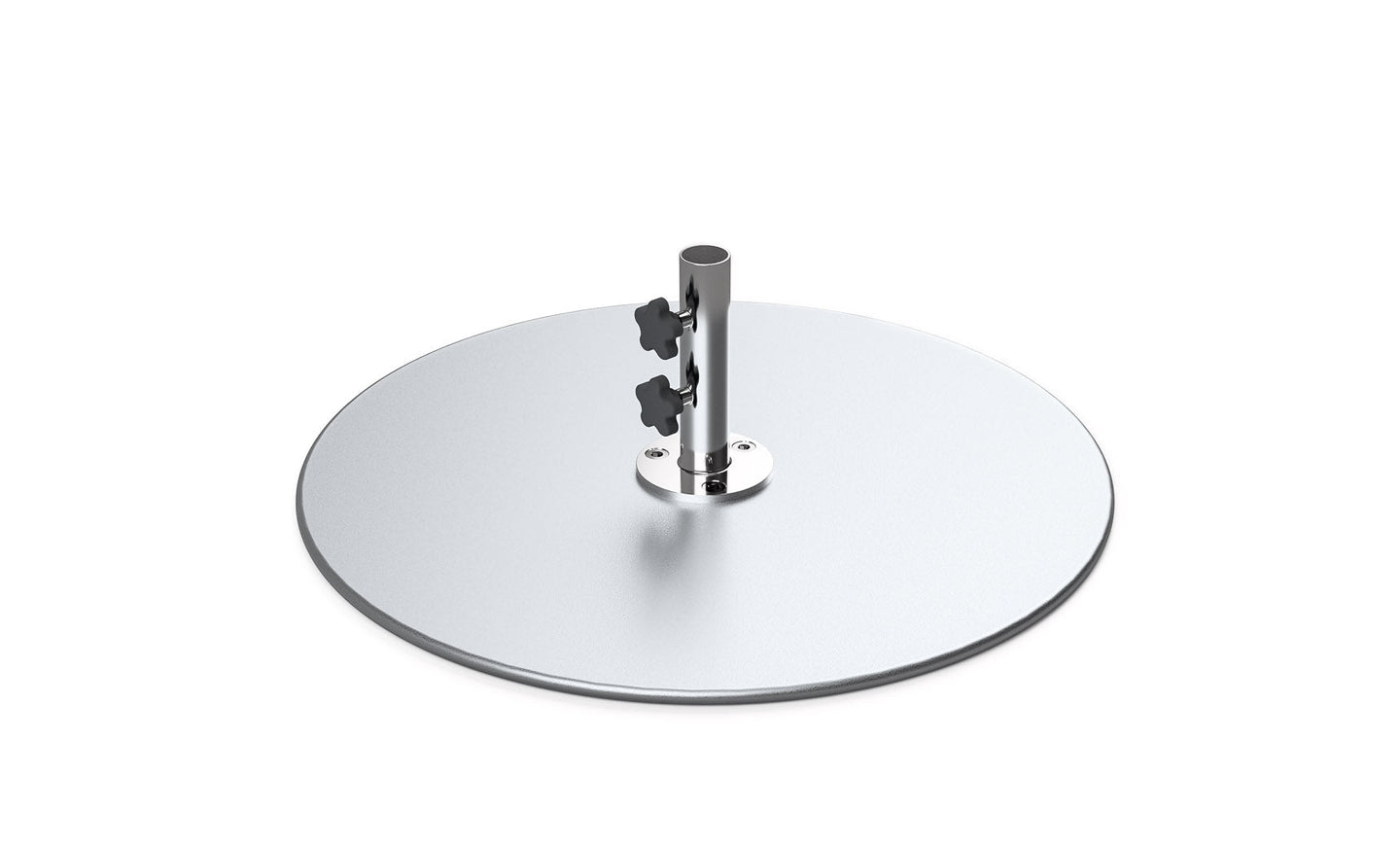The Ledge Lounger Galvanized Steel Stack Umbrella Base has a round design with a central vertical support rod featuring two black adjustable knobs. Its smooth, reflective surface and minimalist design are perfect for center pole umbrellas with traditional compatibility.