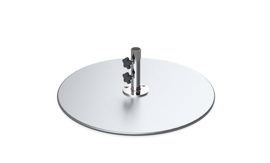 The Ledge Lounger Galvanized Steel Stack Umbrella Base has a round design with a central vertical support rod featuring two black adjustable knobs. Its smooth, reflective surface and minimalist design are perfect for center pole umbrellas with traditional compatibility.