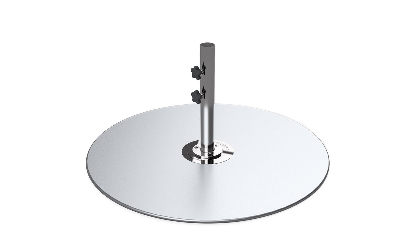 A chrome-finished, disc-shaped object with a central cylindrical pole featuring two knobs resembles the Ledge Lounger Galvanized Steel Stack Umbrella Base. Its sleek, reflective circular design hints at a role in modern outdoor furniture and compatibility with center pole umbrellas.