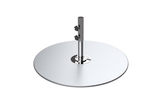 A chrome-finished, disc-shaped object with a central cylindrical pole featuring two knobs resembles the Ledge Lounger Galvanized Steel Stack Umbrella Base. Its sleek, reflective circular design hints at a role in modern outdoor furniture and compatibility with center pole umbrellas.