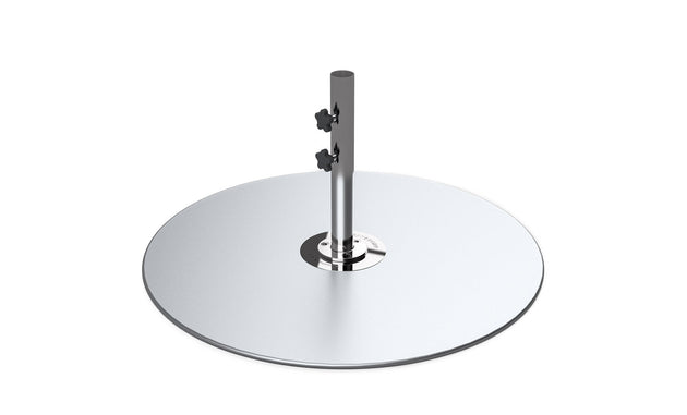 A chrome-finished, disc-shaped object with a central cylindrical pole featuring two knobs resembles the Ledge Lounger Galvanized Steel Stack Umbrella Base. Its sleek, reflective circular design hints at a role in modern outdoor furniture and compatibility with center pole umbrellas.