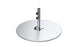 A chrome-finished, disc-shaped object with a central cylindrical pole featuring two knobs resembles the Ledge Lounger Galvanized Steel Stack Umbrella Base. Its sleek, reflective circular design hints at a role in modern outdoor furniture and compatibility with center pole umbrellas.
