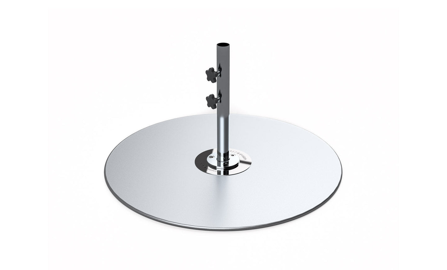 The Ledge Lounger Galvanized Steel Stack Umbrella Base features a round, shiny base crafted from galvanized steel supporting a tall central pole, perfect for center pole umbrellas. It includes two adjustable knobs for securing objects and fits seamlessly into any setting with its simplicity against a white background.