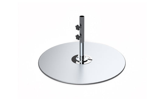 The Ledge Lounger Galvanized Steel Stack Umbrella Base features a round, shiny base crafted from galvanized steel supporting a tall central pole, perfect for center pole umbrellas. It includes two adjustable knobs for securing objects and fits seamlessly into any setting with its simplicity against a white background.