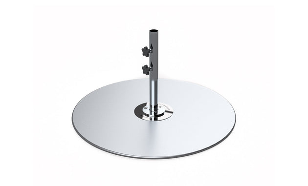 The Ledge Lounger Galvanized Steel Stack Umbrella Base features a round, shiny base crafted from galvanized steel supporting a tall central pole, perfect for center pole umbrellas. It includes two adjustable knobs for securing objects and fits seamlessly into any setting with its simplicity against a white background.