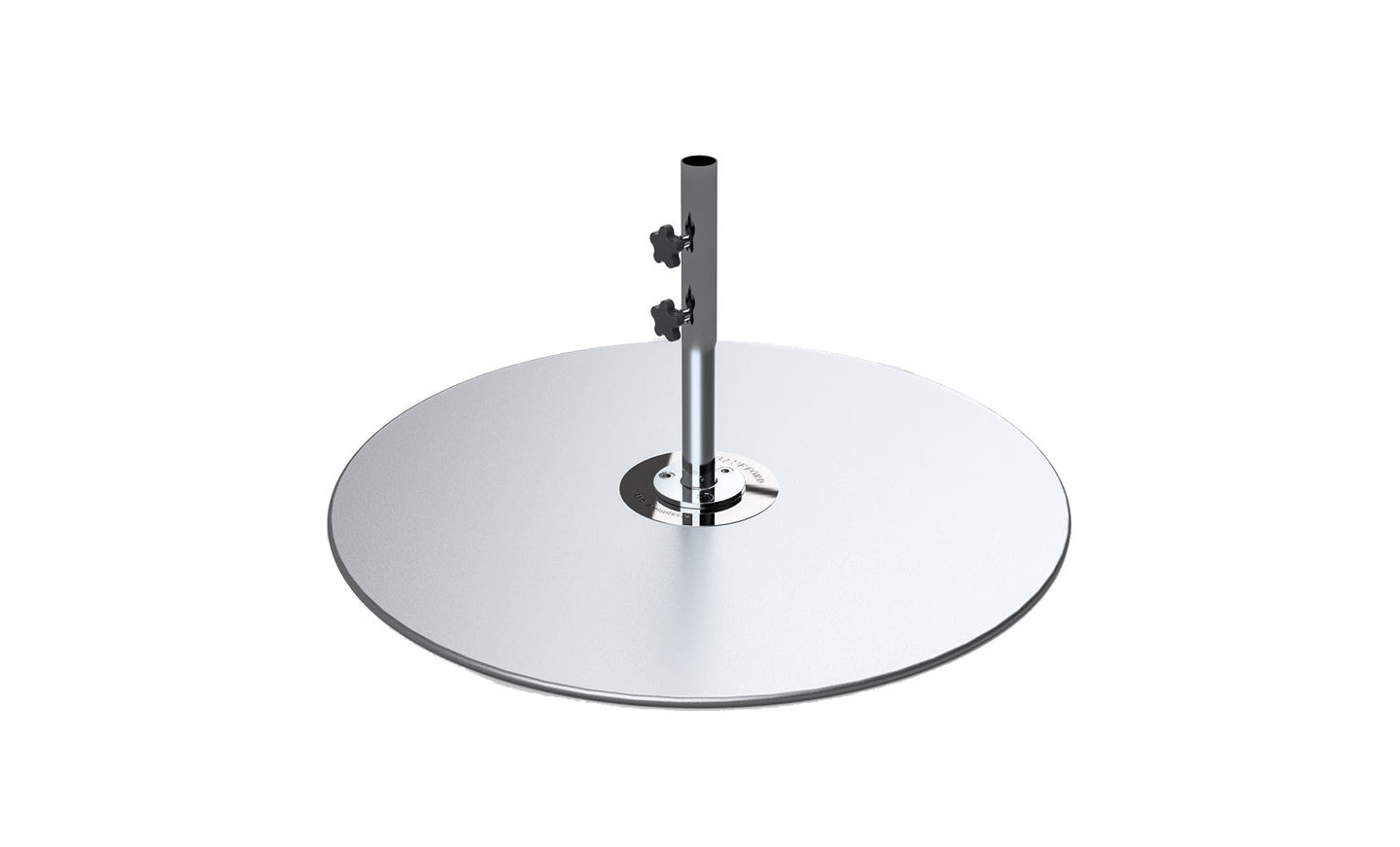 The Galvanized Steel Stack Umbrella Base by Ledge Lounger features a round, smooth silver design akin to a cymbal on a vertical stand with adjustable components similar to those in Traditional Umbrella Compatibility Matrices, perfect for minimalist aesthetics and musical purposes.